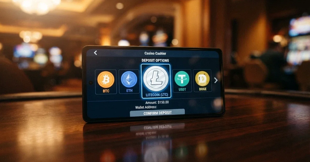 Interfaz de un casino online que muestra Litecoin entre las opciones de depósito con criptomonedas