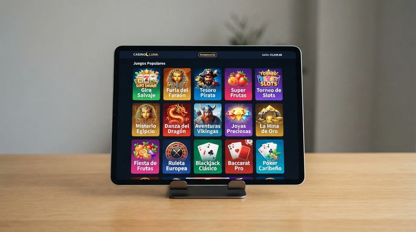 Parrilla de juegos de casino en modo demo con saldo ficticio en pantalla y los iconos de ruleta, blackjack y slots