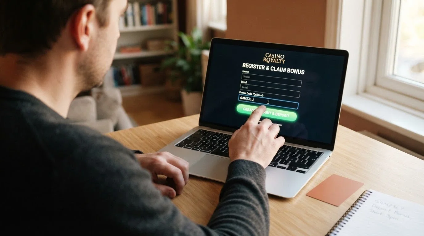 Usuario introduciendo un código promocional en la pantalla de registro de un casino online con un documento de identidad junto al teclado