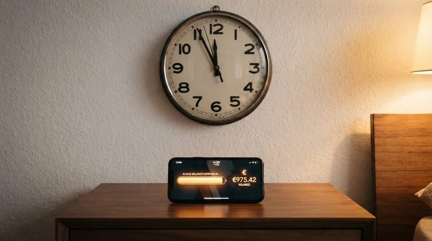 Reloj marcando siete días junto a una pantalla de casino con el saldo de bonificación a punto de expirar