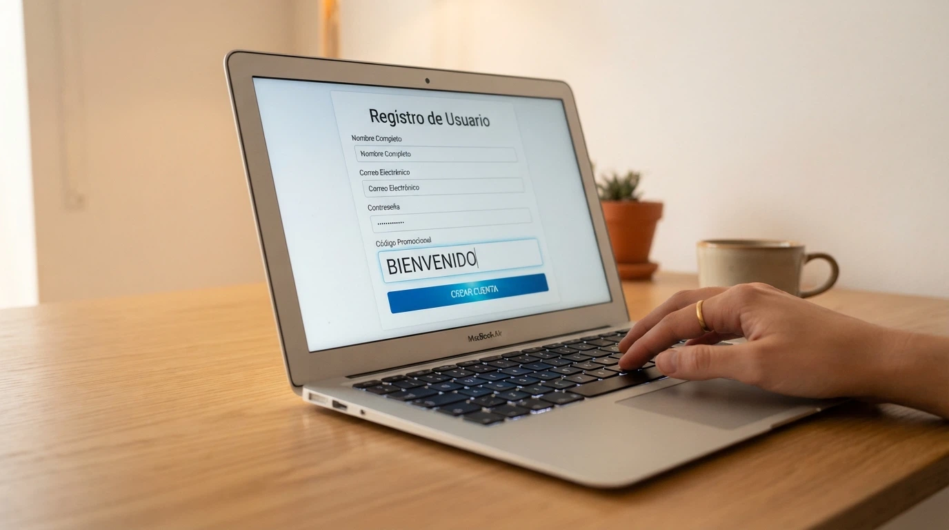 Una mano tecleando un código promocional en el campo correspondiente de la pantalla de registro de un casino online