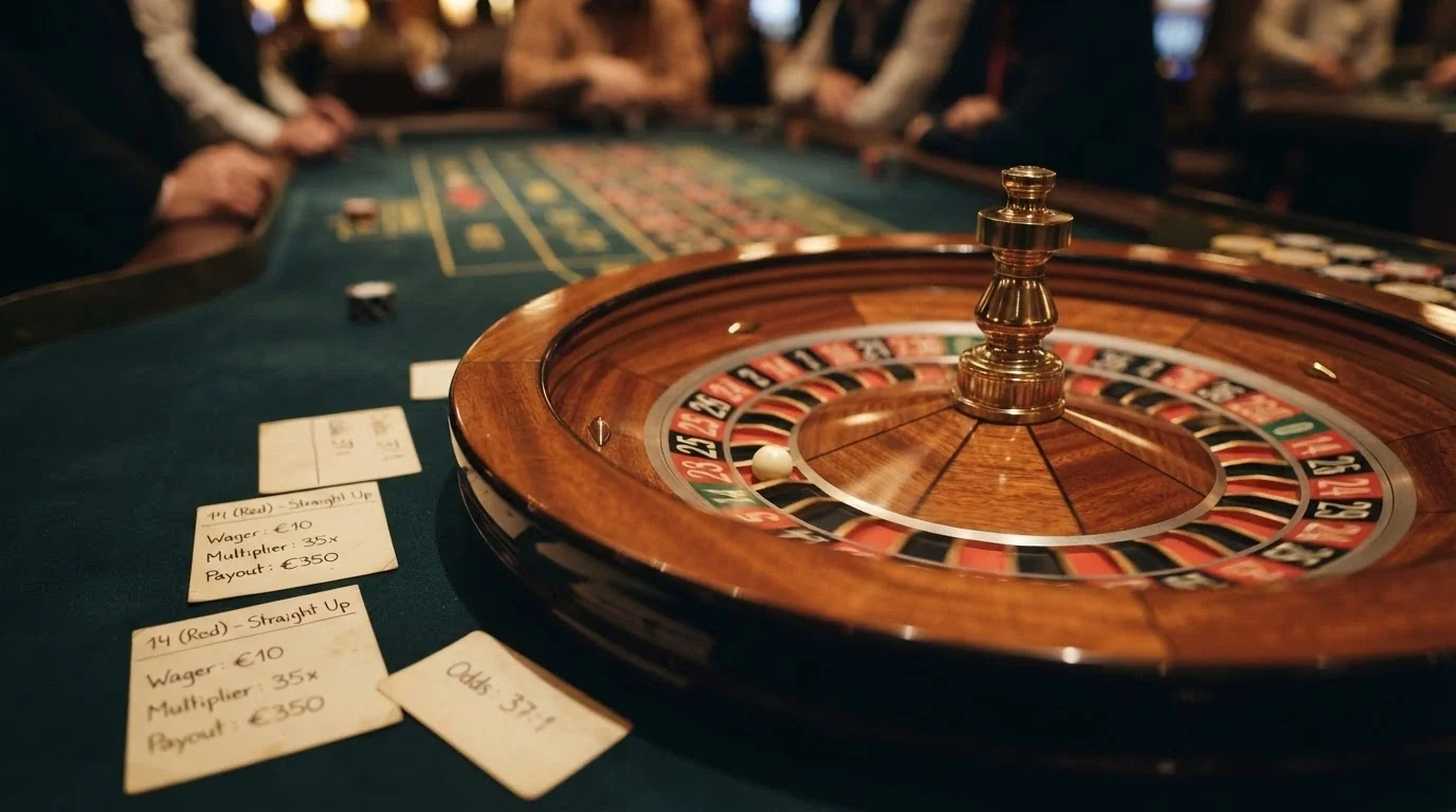 Primer plano de una ruleta girando con anotaciones manuscritas que muestran multiplicadores y cifras de apuesta