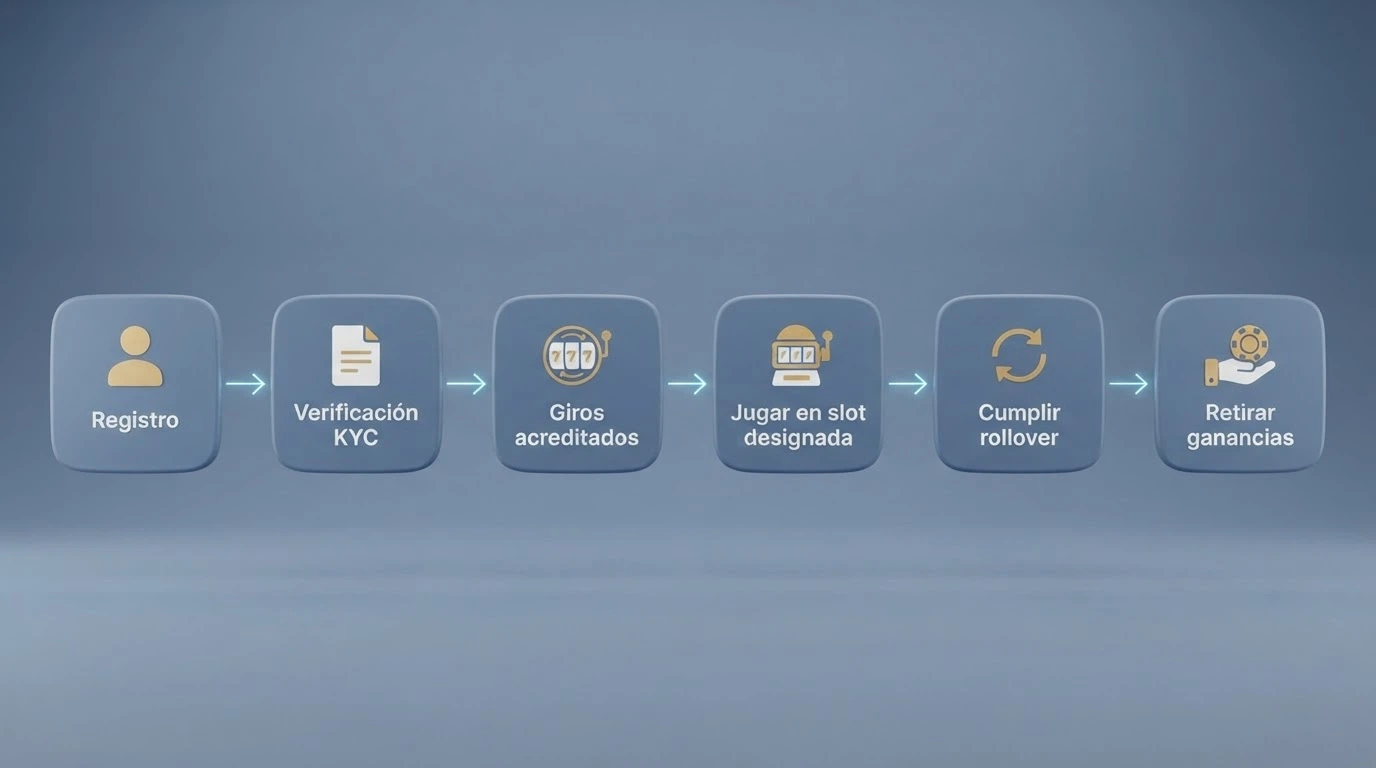 Infografía simplificada del proceso: registro → verificación KYC → giros acreditados → jugar en slot designada → cumplir rollover → retirar ganancias.