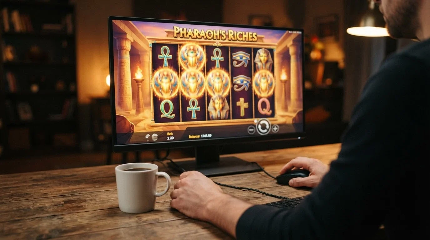 Primer plano de una mano sobre el ratón junto a una taza de café, con la pantalla del ordenador mostrando una tragaperras de temática egipcia en pleno giro gratis