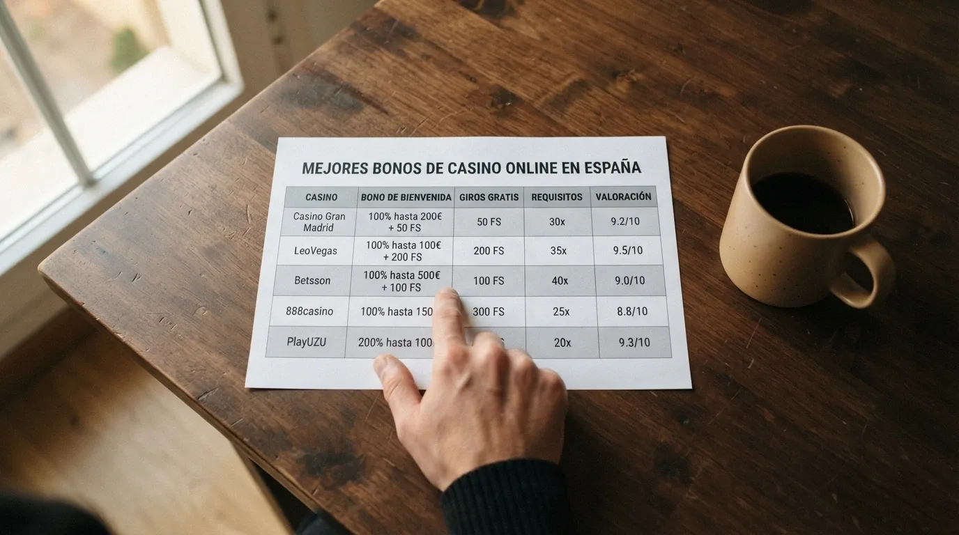Tabla con los bonos de bienvenida de diez casinos online con licencia DGOJ en España
