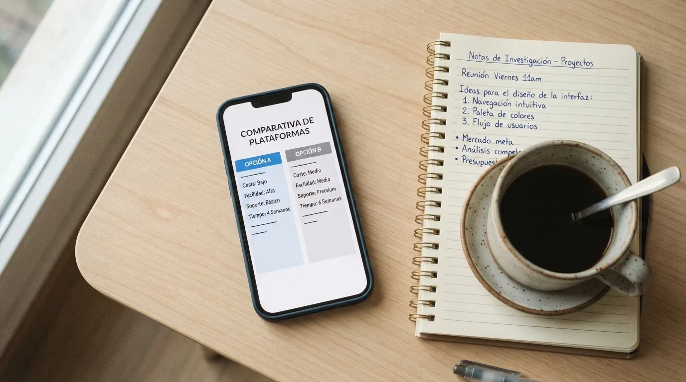 Vista cenital de un iPhone sobre una mesa junto a una libreta con anotaciones manuscritas y una taza de café