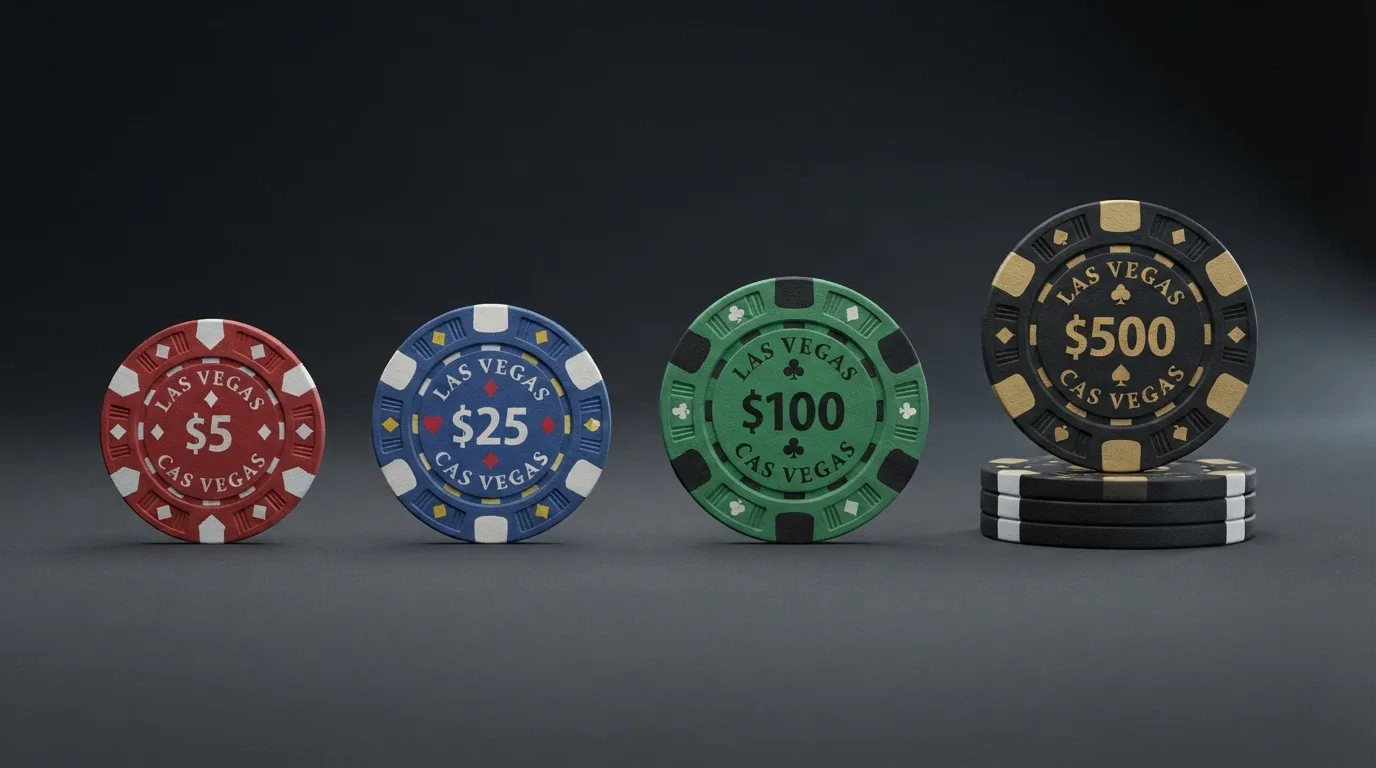 Vista comparativa de fichas de casino con distintos importes de depósito mínimo alineadas