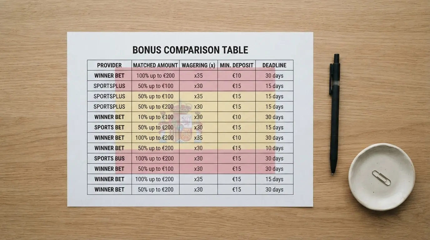 Una tabla comparativa con los datos clave de cada operador — bono, rollover, plazo y depósito mínimo — sobre un fondo limpio con la bandera española difuminada