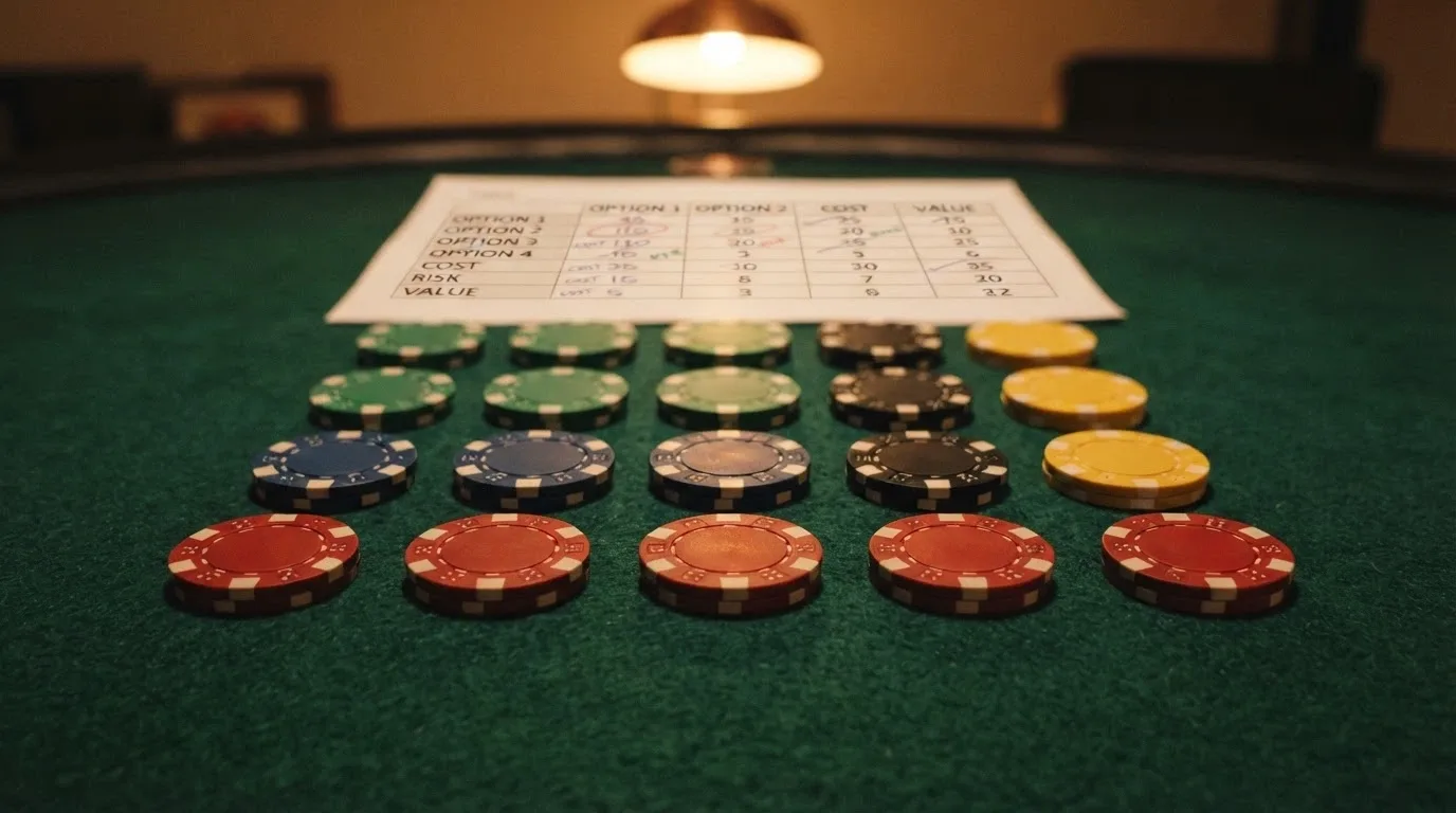 Fichas de casino alineadas en una mesa de fieltro verde con una tabla de comparación visible en segundo plano