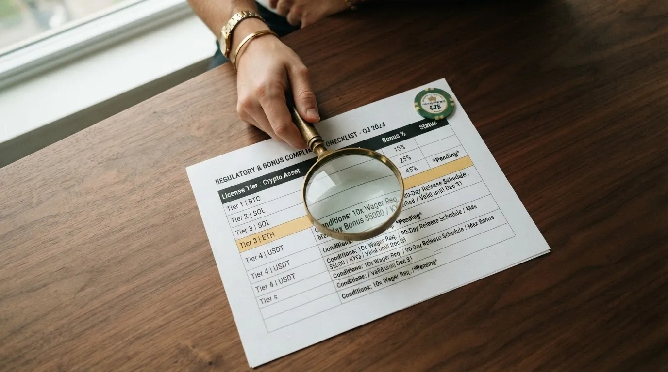 Fragmento de una tabla comparativa con columnas de nombre del casino, licencia, criptomonedas aceptadas y bono de bienvenida, con una lupa sobre la columna del requisito de apuesta