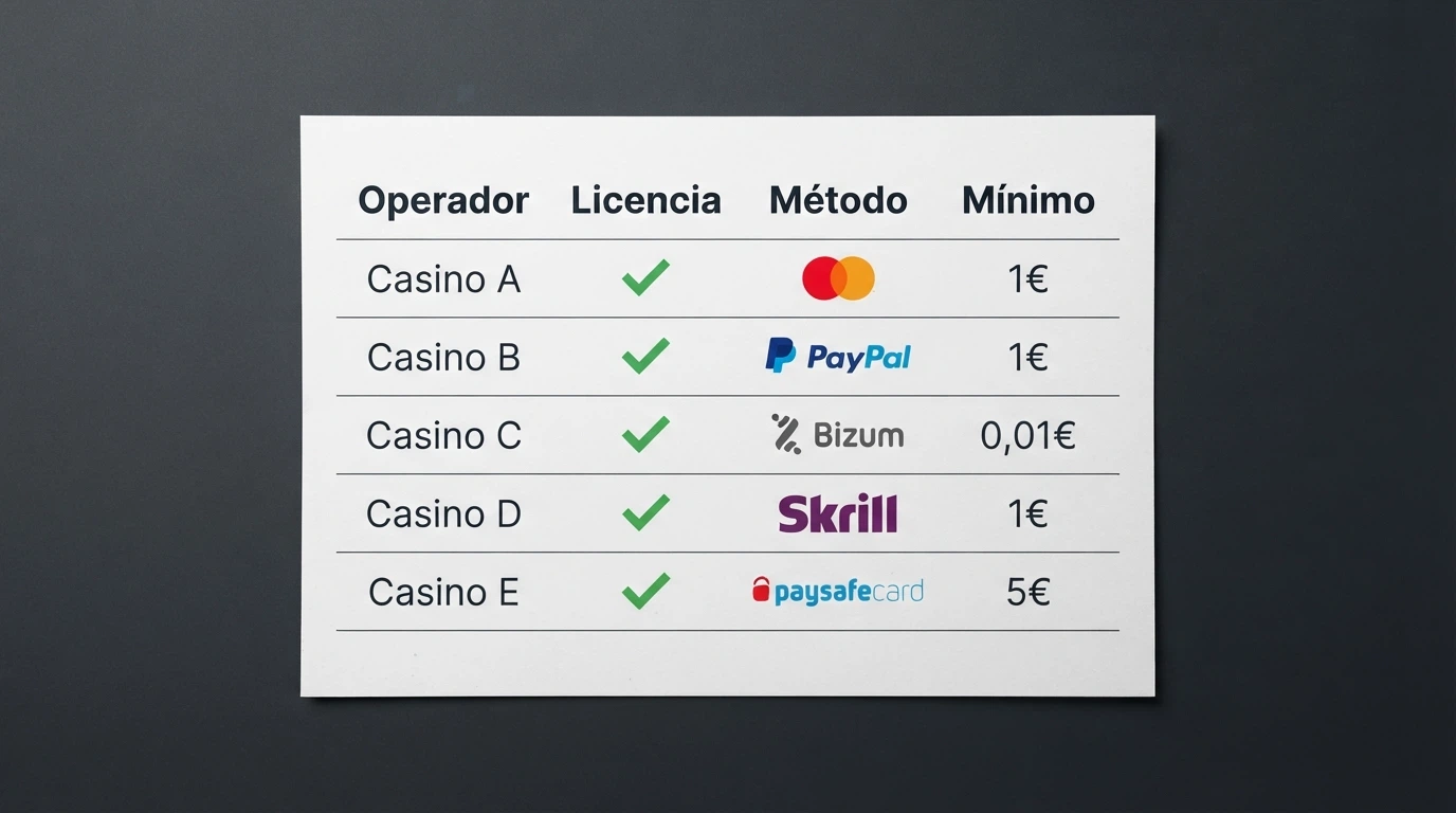 Tabla comparativa de casinos online con columnas de licencia, depósito mínimo y métodos de pago