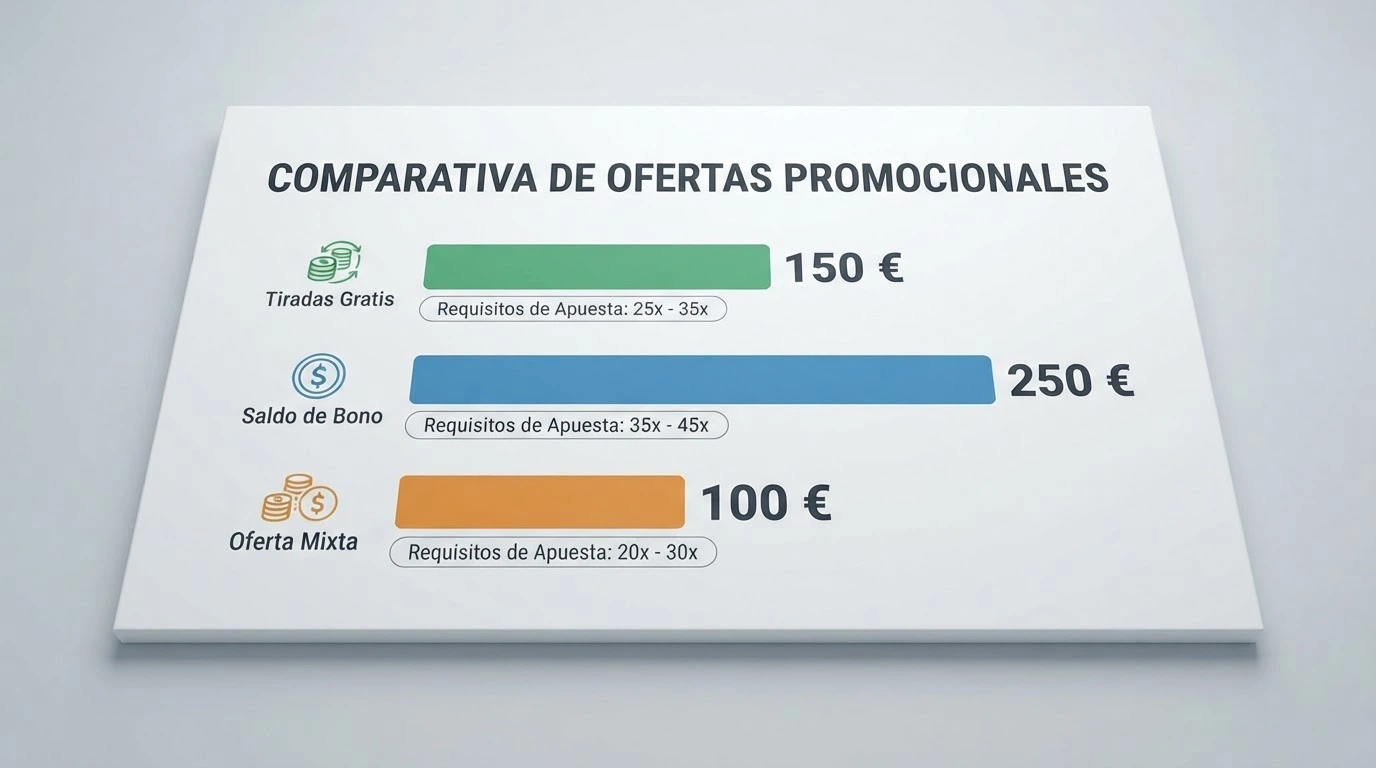 Tabla comparativa con las columnas de operador, tipo de bono sin depósito, rollover y retiro máximo, destacando las diferencias entre operadores