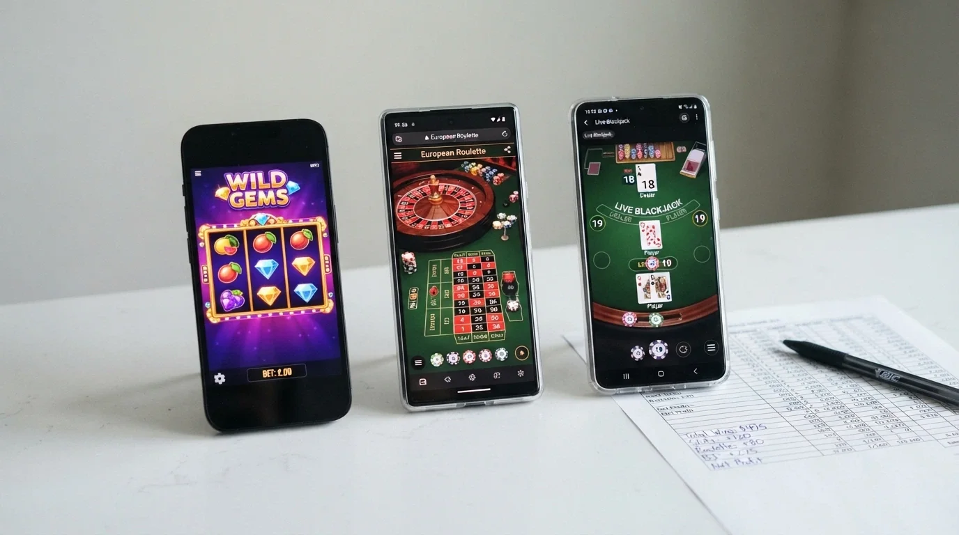 Varias pantallas de móvil mostrando diferentes casinos online españoles sobre una mesa, junto a una hoja de cálculo con anotaciones