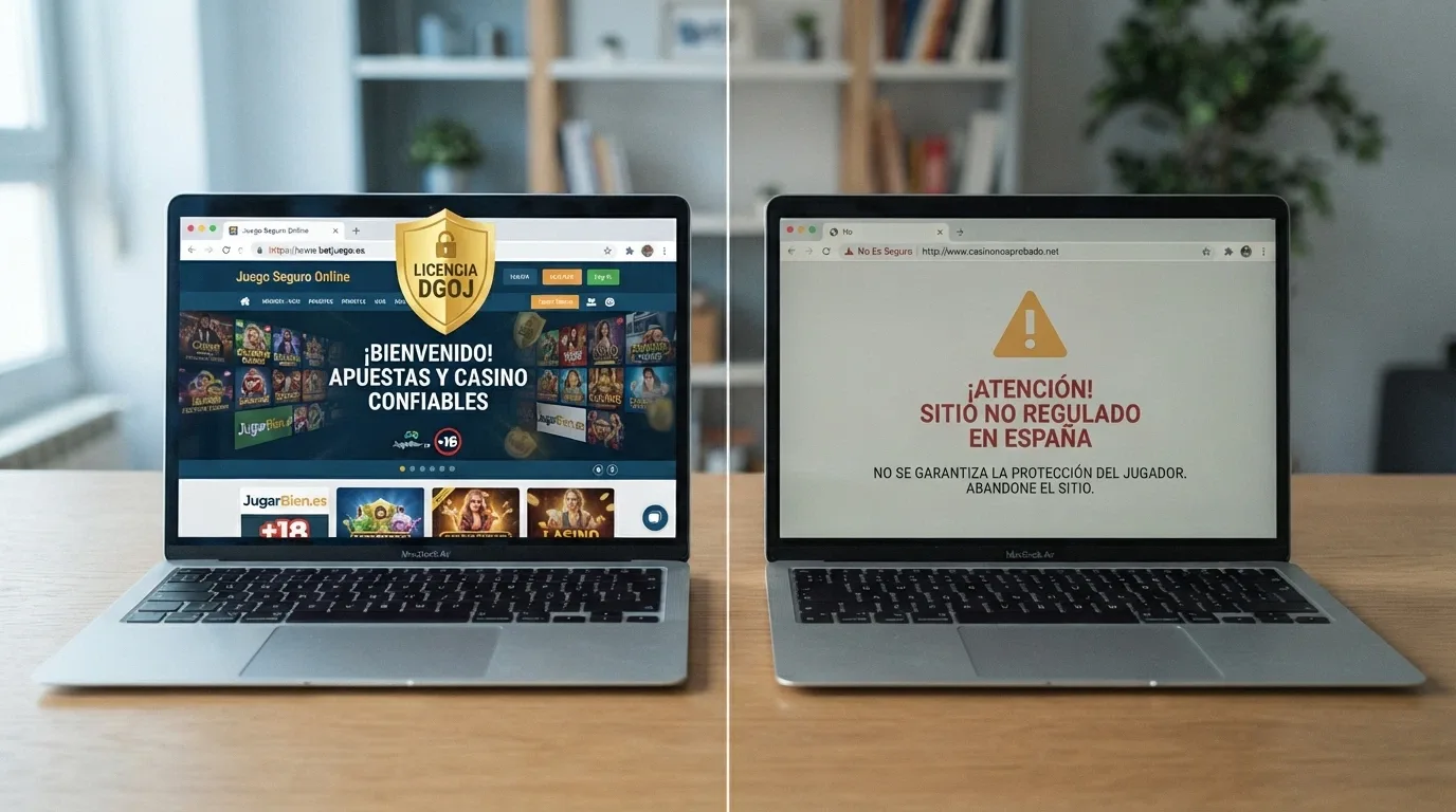 Pantalla dividida: a la izquierda, el logo de un operador con dominio .es y un sello de la DGOJ; a la derecha, otro con una señal de advertencia.
