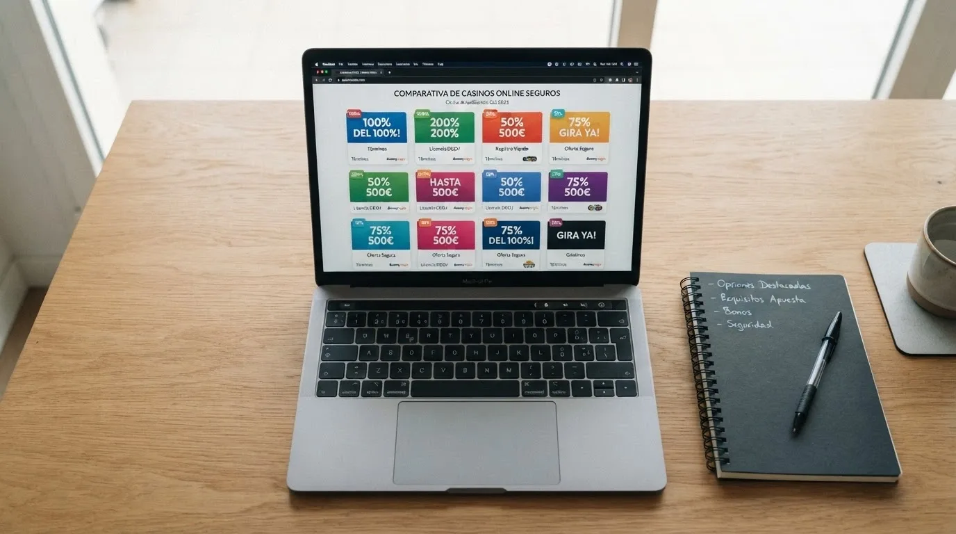 Vista de las fichas de varios casinos online con licencia española, organizadas en una comparativa con sus bonos y condiciones