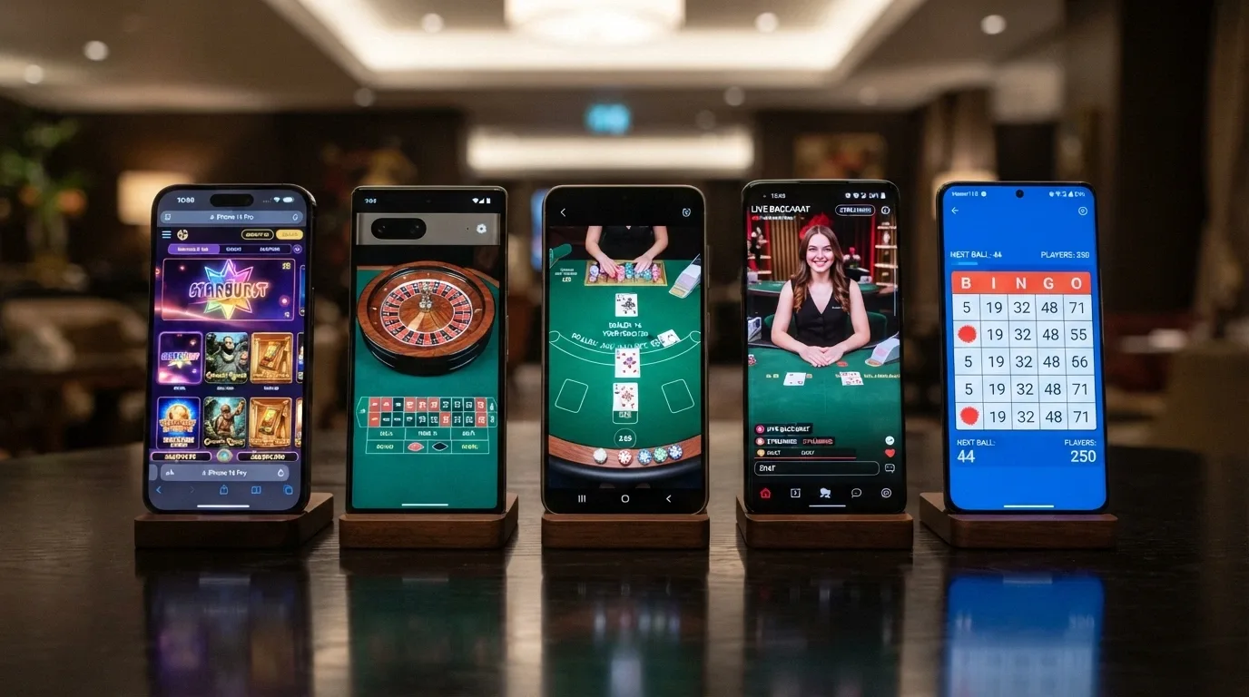Varios teléfonos móviles alineados mostrando cada uno la pantalla de inicio de una app de casino distinta, con el logo visible de cada operador.