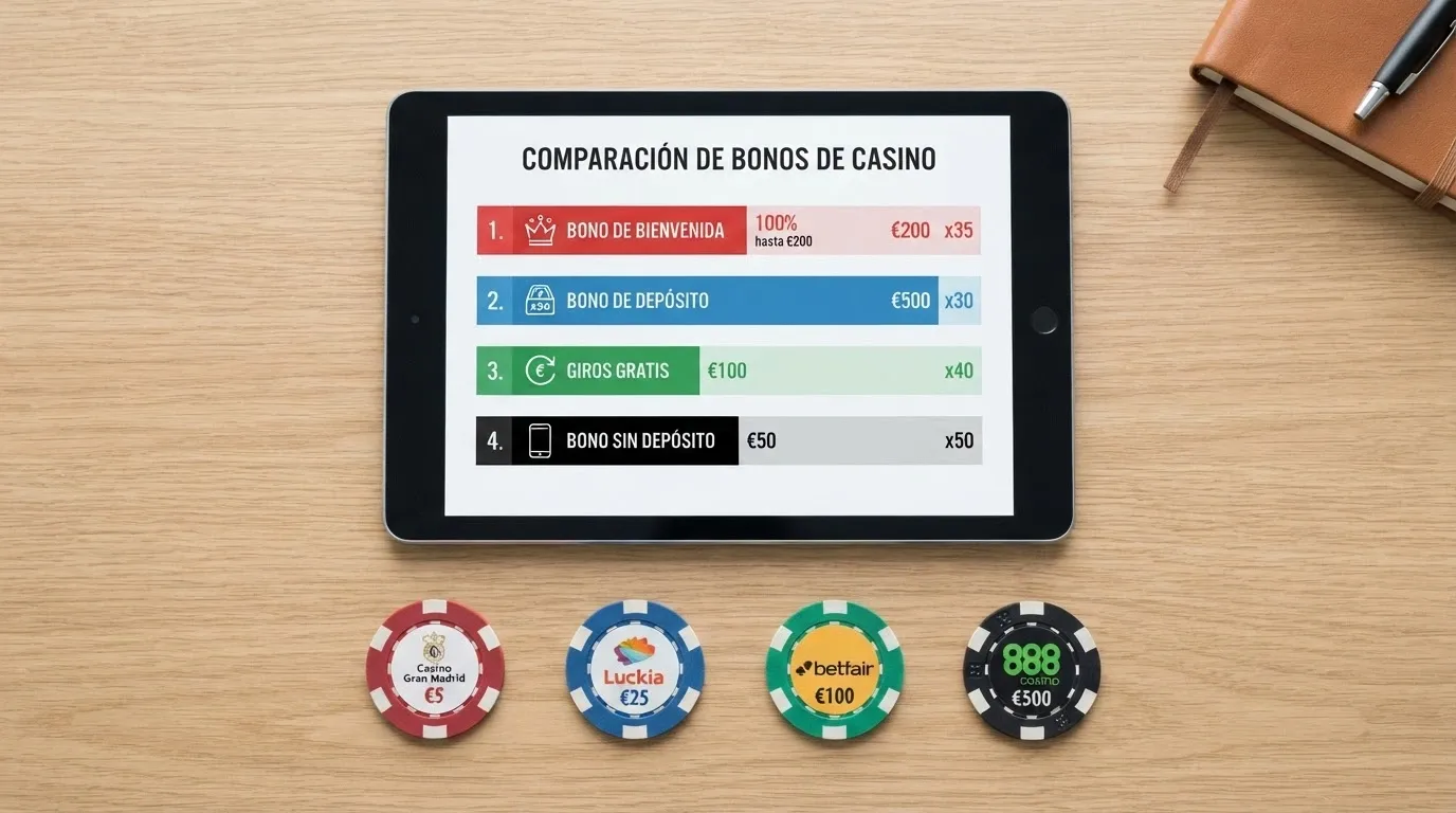 Vista cenital de una mesa con varios logotipos de casinos online españoles y una tabla comparativa abierta en una tableta