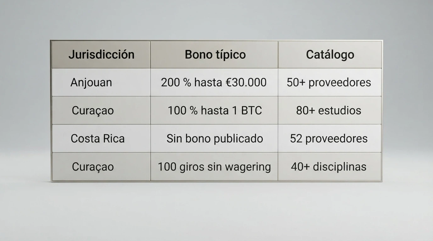 Tabila comparativa con filas de operadores y columnas de licencia, bono de bienvenida y catálogo de juegos