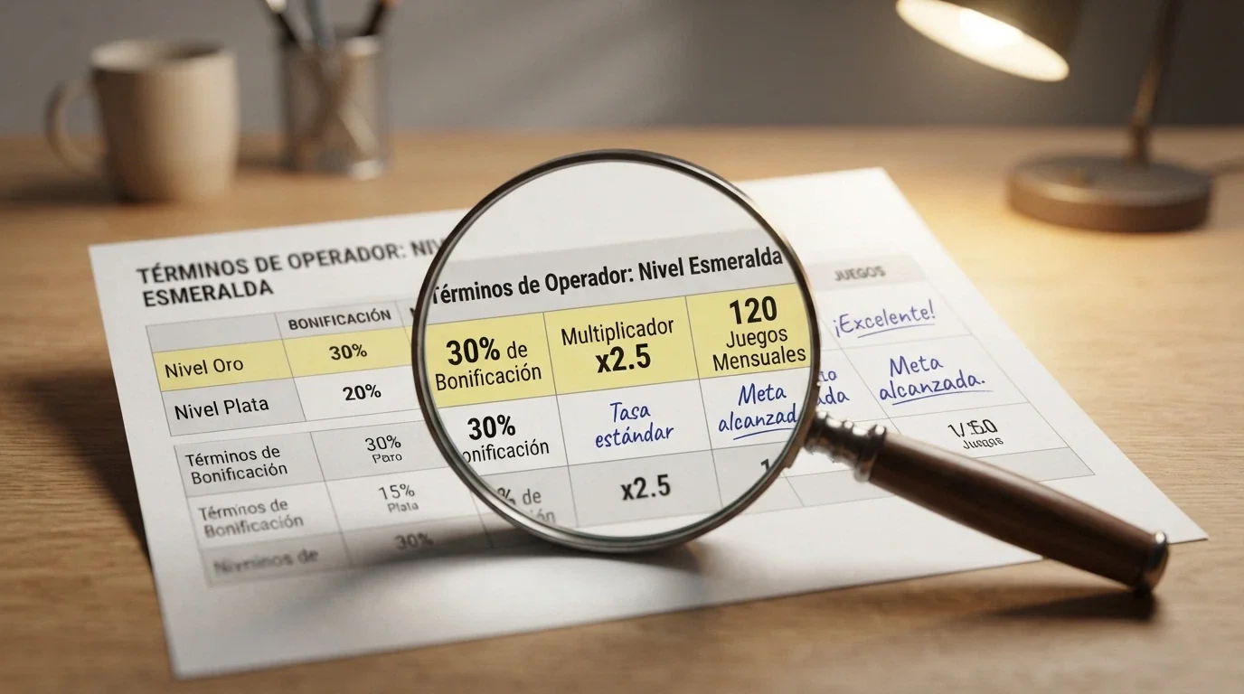 Una lupa sobre una fila de tabla resaltando valores de bono, wagering y juegos con anotaciones al margen