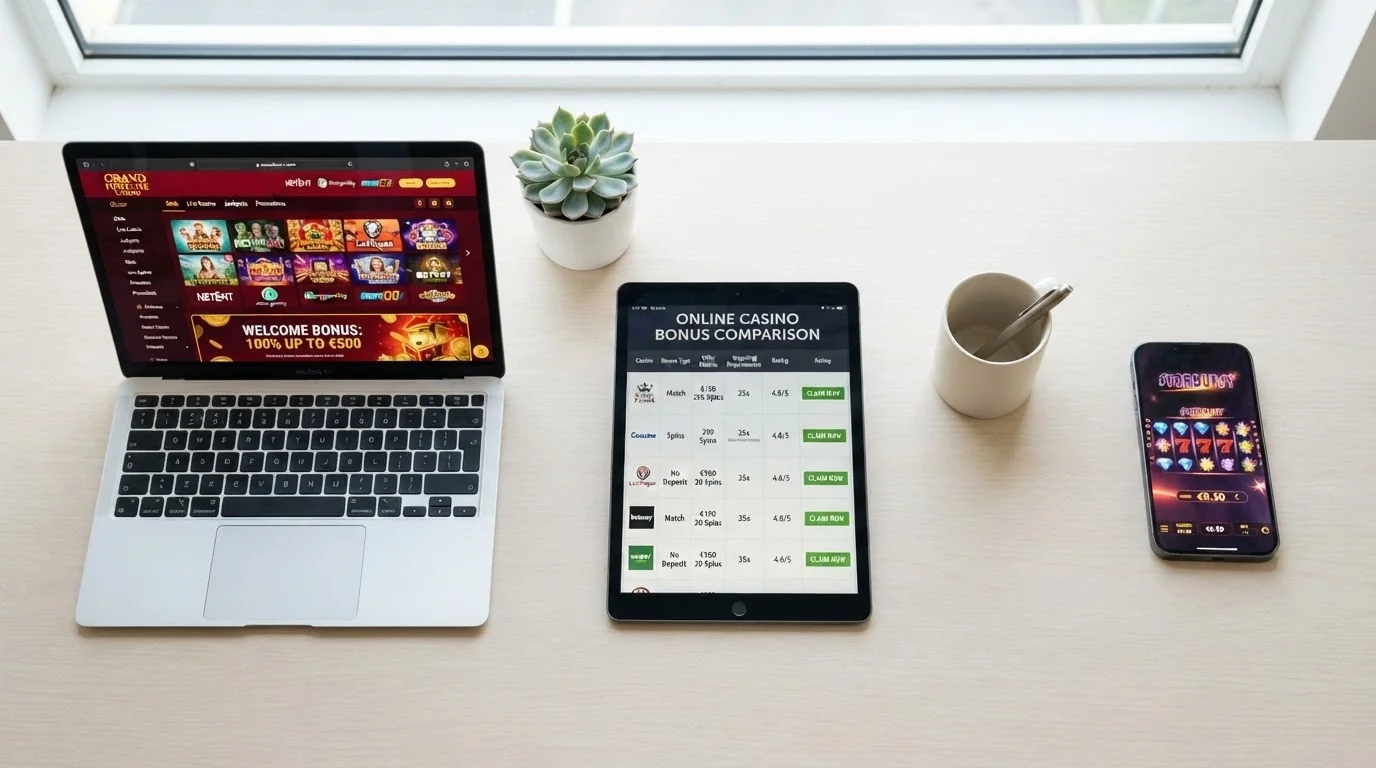Vista cenital de un escritorio con varios dispositivos mostrando diferentes casinos online legales, ordenados como en una comparativa