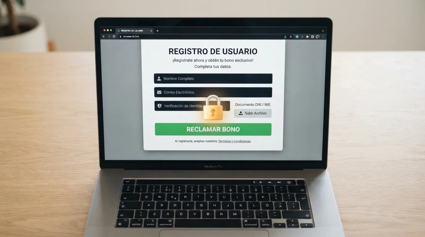 Primer plano de una tarjeta de registro en la web de un casino online español, con el botón de «Reclamar bono» visible y un candado de verificación junto al campo de identidad