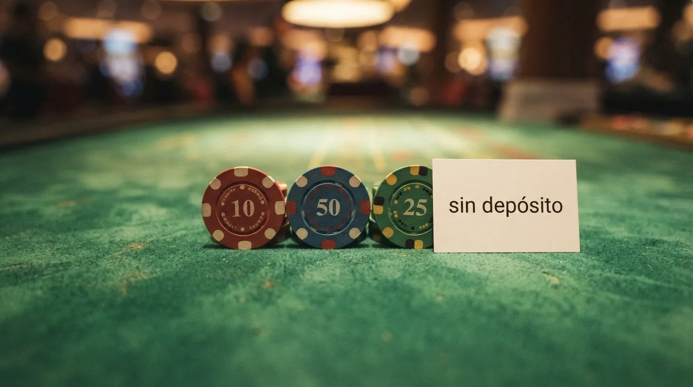 Ilustración del concepto de tiradas gratis con fichas de casino y el texto «sin depósito» sobre una mesa de juego