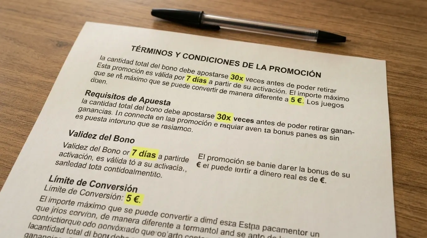 Primer plano de los términos y condiciones de un bono de bingo online con las cifras de wagering, plazo de validez y límite de conversión destacadas
