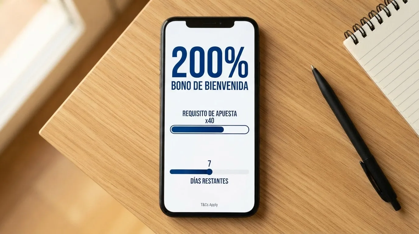 Primer plano de una pantalla con los términos y condiciones del bono de bienvenida de CasinoBarcelona.es, con el porcentaje del 200% y el rollover destacados