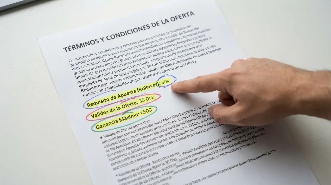 Primer plano de los términos y condiciones de un bono sin depósito con las cifras de rollover, plazo y ganancia máxima subrayadas