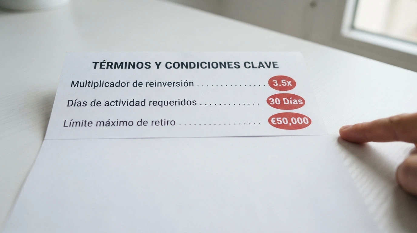 Primer plano de los términos y condiciones de un bono de casino con las cifras de rollover, caducidad y ganancia máxima resaltadas