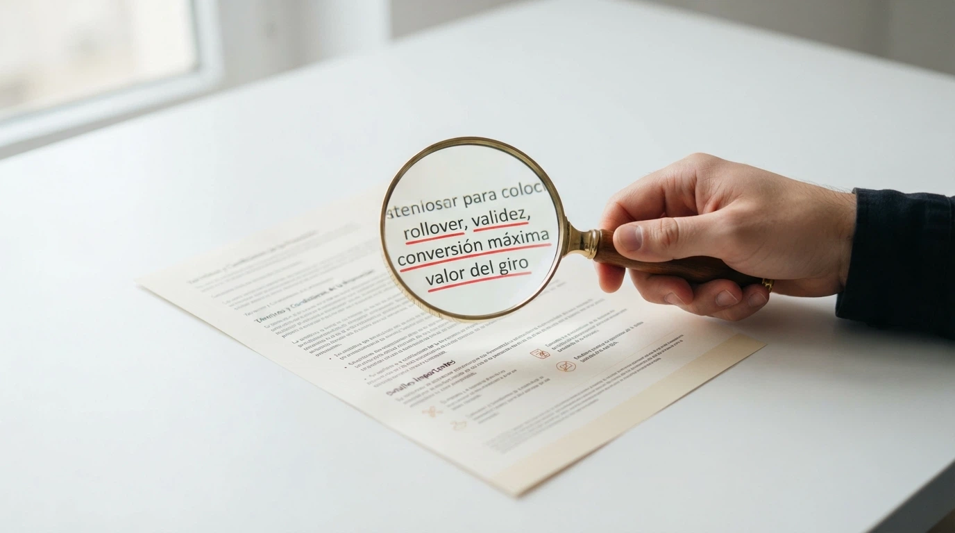 Primer plano de una lupa sobre los términos y condiciones de una promoción, con las palabras «rollover», «validez», «conversión máxima» y «valor del giro» subrayadas.