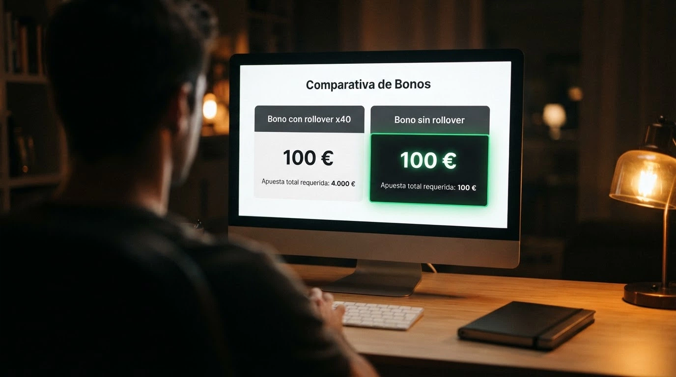 Jugador ante una pantalla con dos columnas: a la izquierda «bono con rollover x40», a la derecha «bono sin rollover», con el saldo real neto calculado debajo de cada una