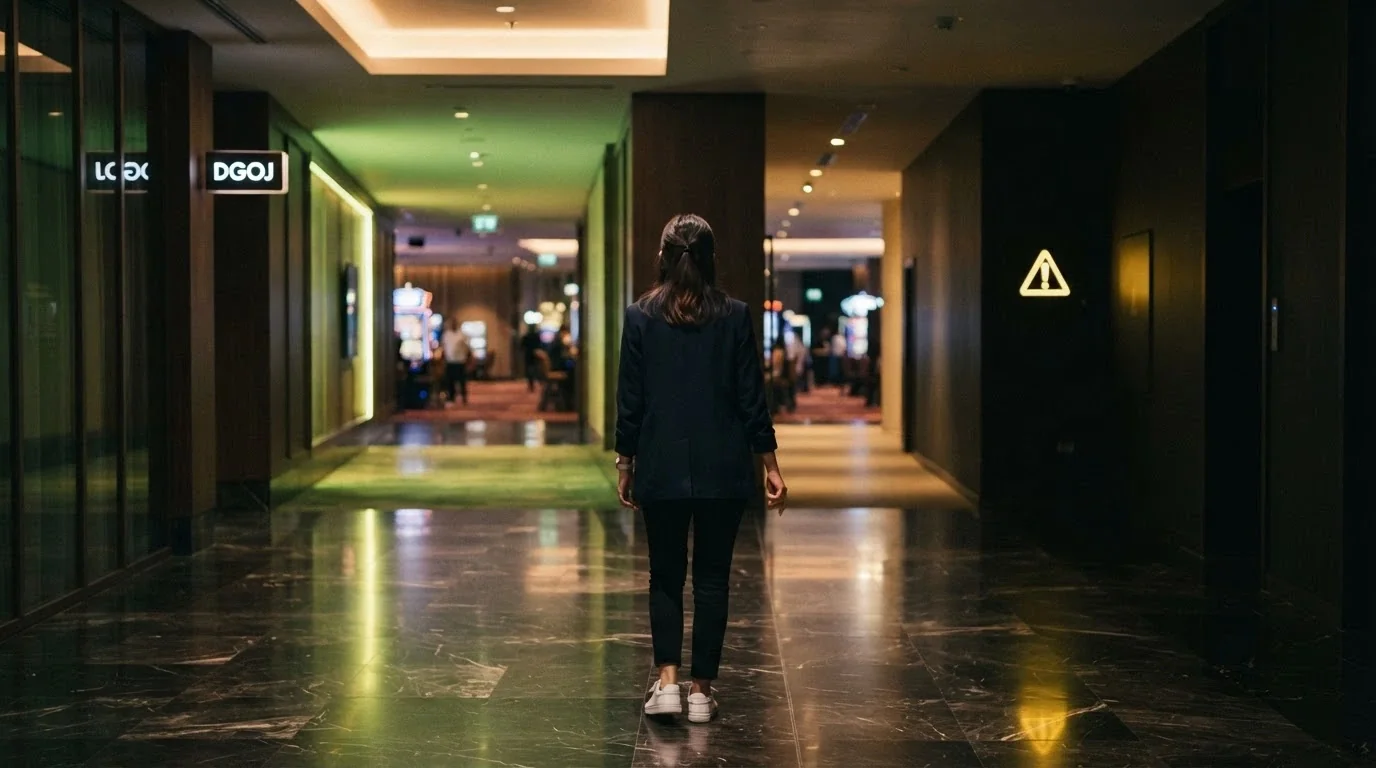 Un jugador frente a dos caminos que se bifurcan en una interfaz de casino: uno marcado «con licencia DGOJ» y otro con una señal de advertencia