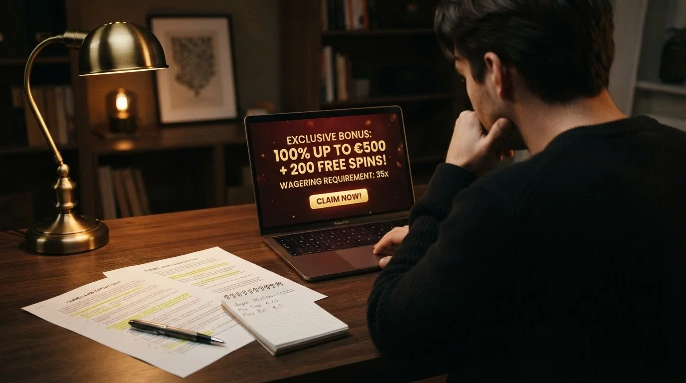 Jugador ante la pantalla de un casino online en actitud reflexiva, con una calculadora y los términos del bono visibles en otra ventana