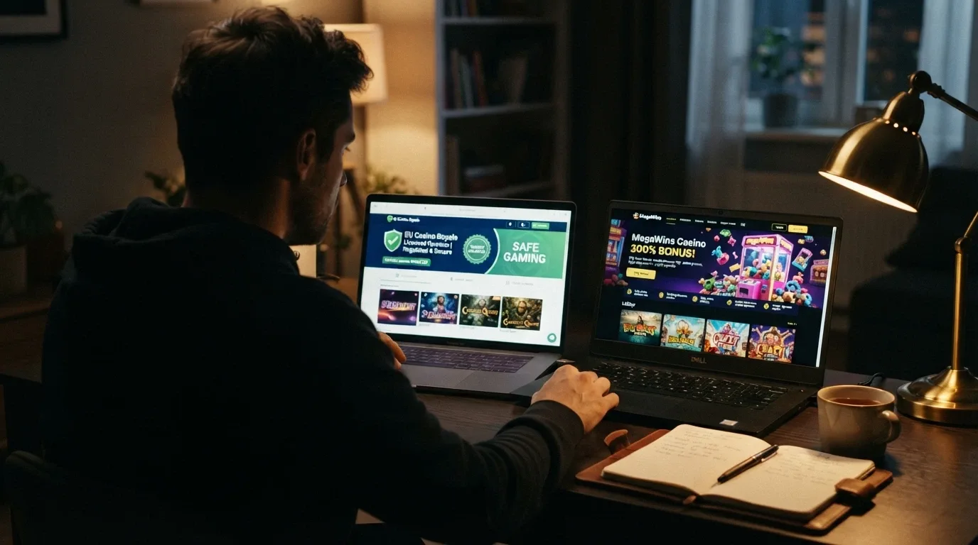 Un jugador frente a la pantalla, con dos ventanas abiertas: un casino con licencia DGOJ y un casino offshore con Bonus Crab, en actitud de comparar
