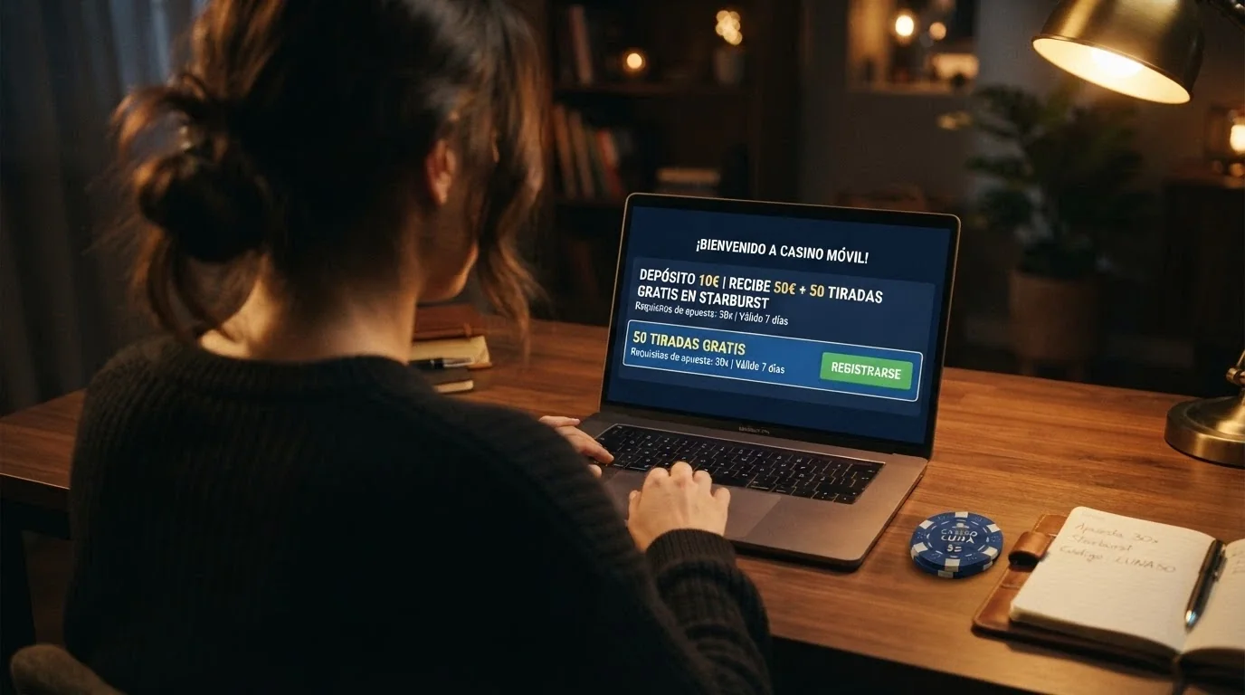 Un jugador frente a la pantalla de un casino online español, con el cursor sobre el botón de registro y una lista de condiciones en un segundo plano