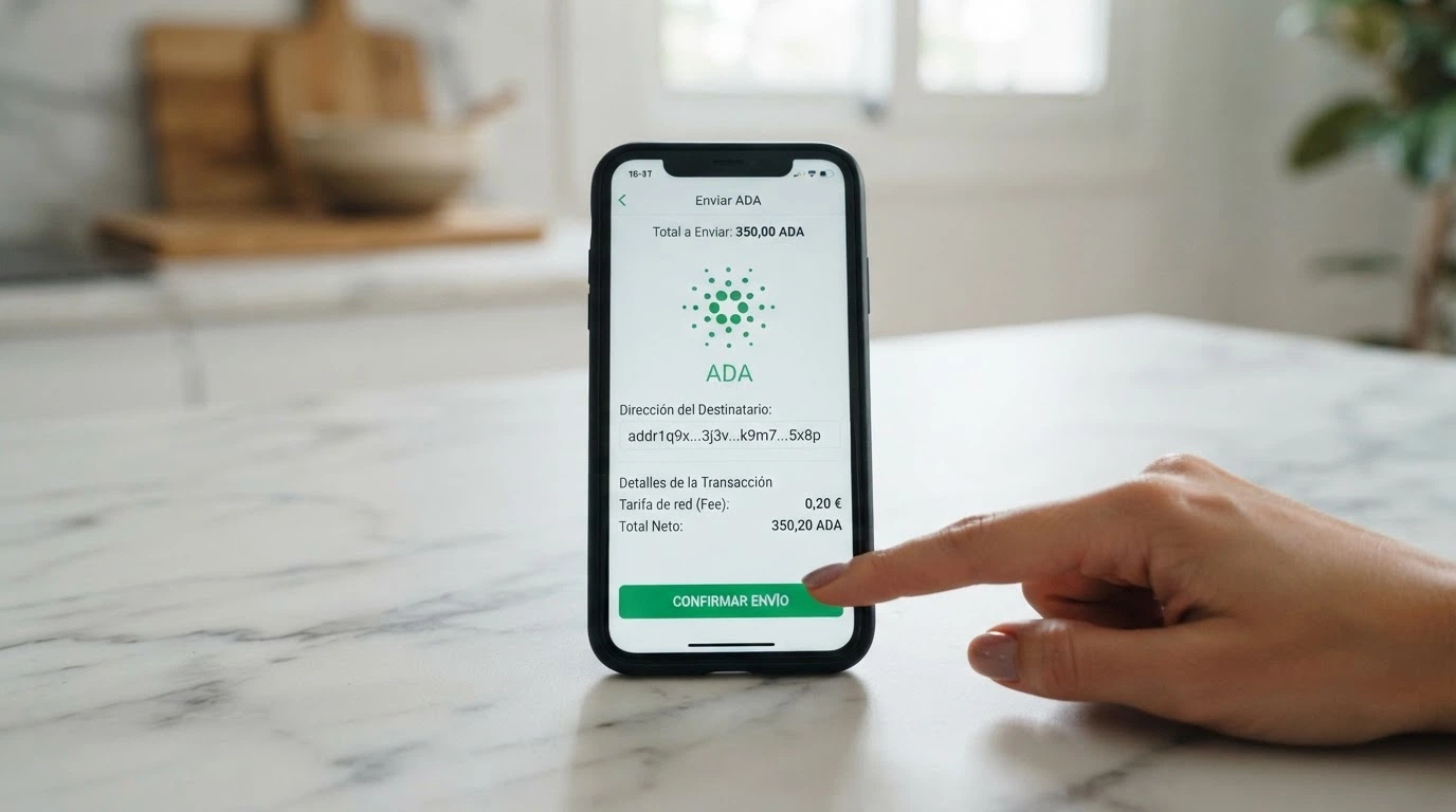 Pantalla de un monedero de Cardano mostrando una transacción de depósito hacia un casino online, con el importe en ADA y la dirección de destino visibles