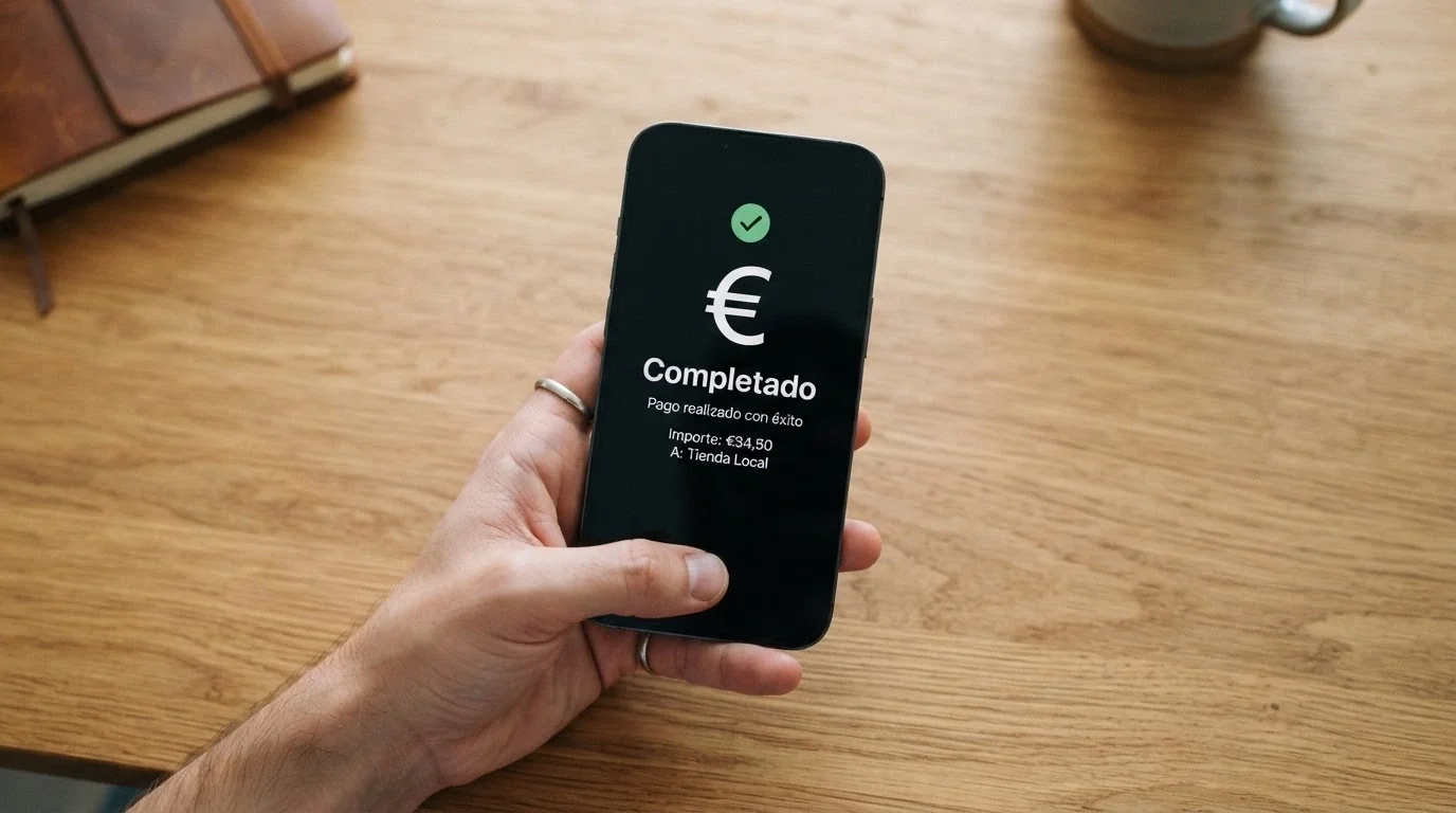 Manos sosteniendo un iPhone con la pantalla de confirmación de un depósito completado mediante Apple Pay en un casino online