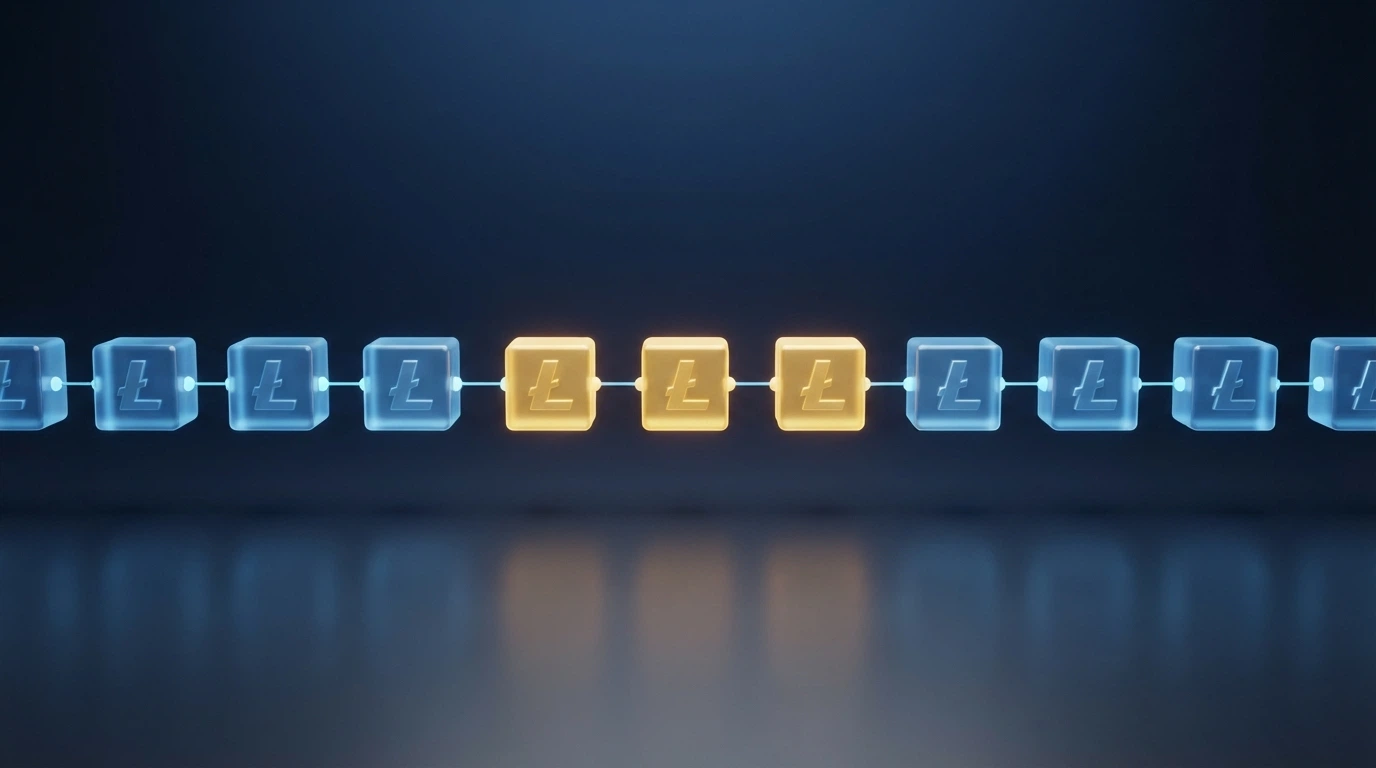 Representación visual de una transacción de Litecoin confirmándose en la blockchain con los bloques encadenados