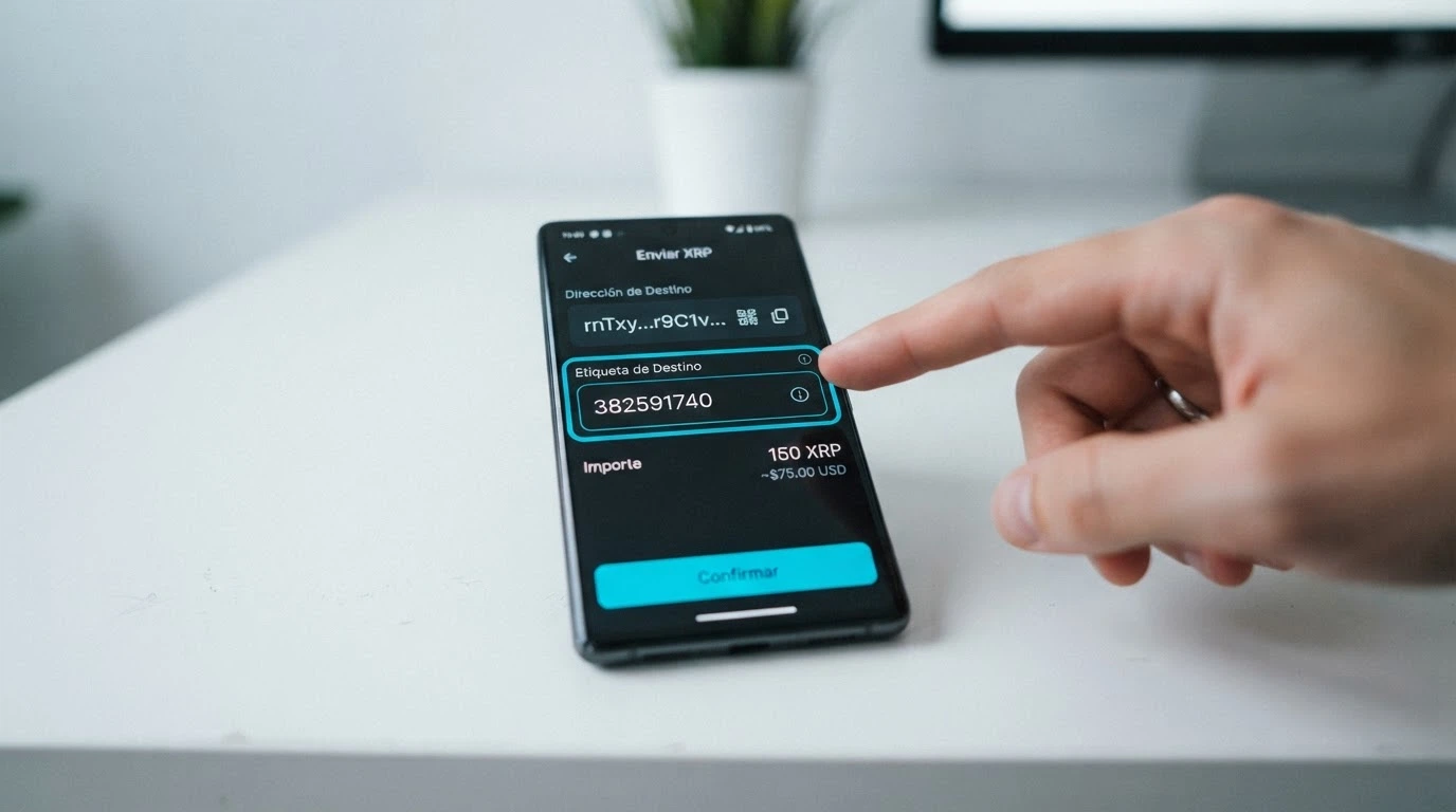 Pantalla de una billetera de criptomonedas con el campo «destination tag» resaltado junto a la dirección de depósito del casino