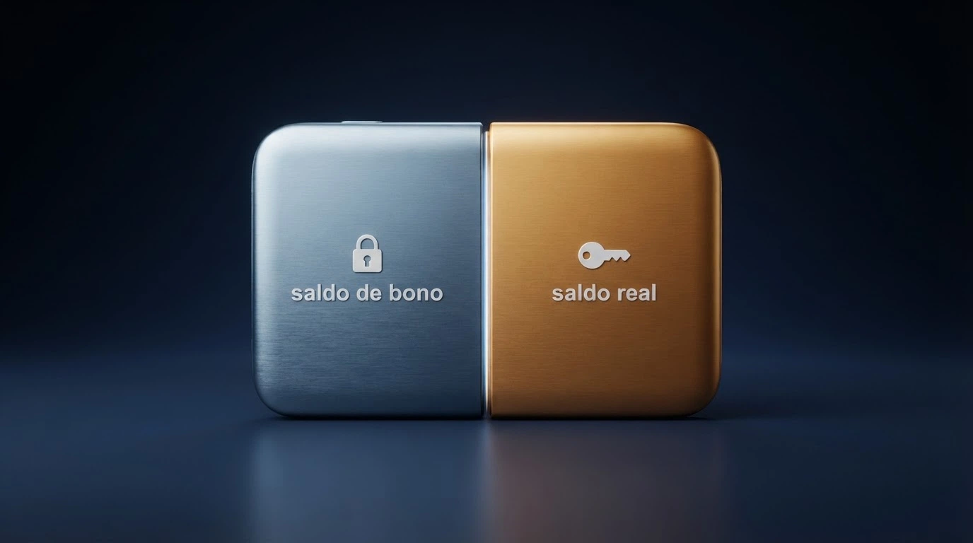 Un monedero digital partido en dos columnas: una etiquetada «saldo de bono» con un candado y otra «saldo real» con una llave