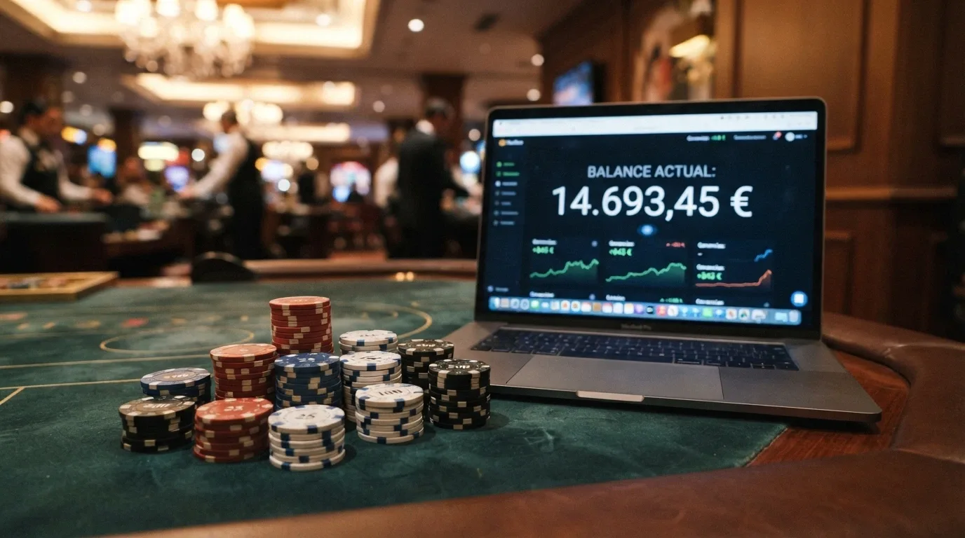Billetes de euro y fichas de casino sobre una mesa con una pantalla de ordenador al fondo mostrando el saldo de un bono