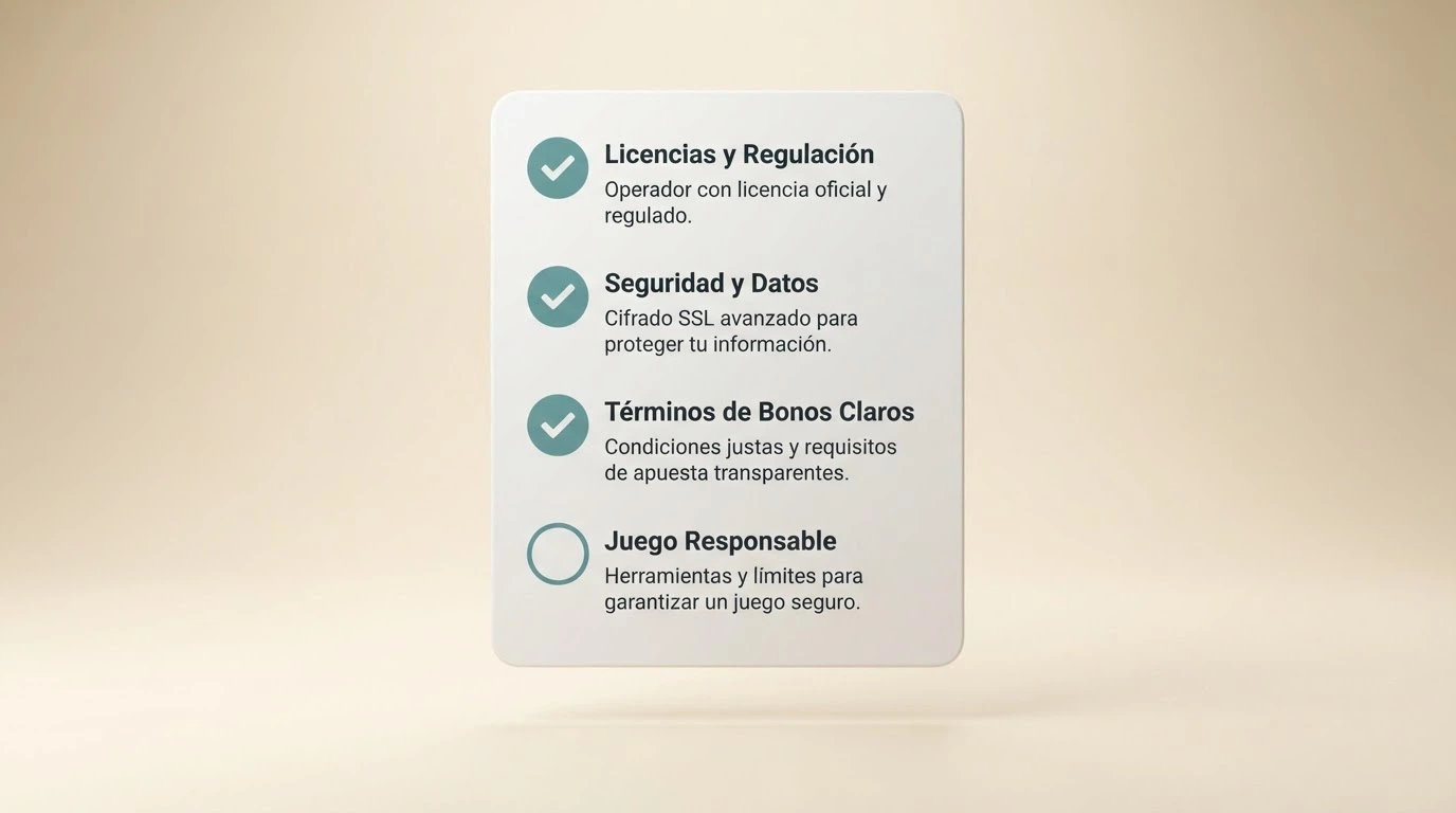 Lista visual con los criterios clave para evaluar un casino con Litecoin: licencia, seguridad, términos del bono y juego responsable