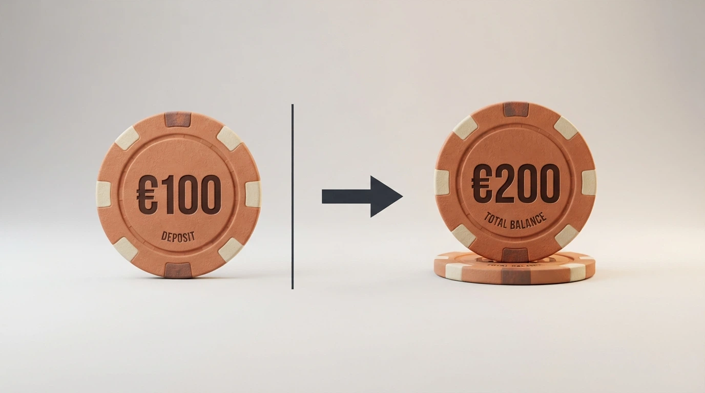 Un gráfico visual muestra cómo un depósito de 100 € se convierte en 200 € de saldo total con el bono del 100%, separando visualmente el dinero real del saldo de bono