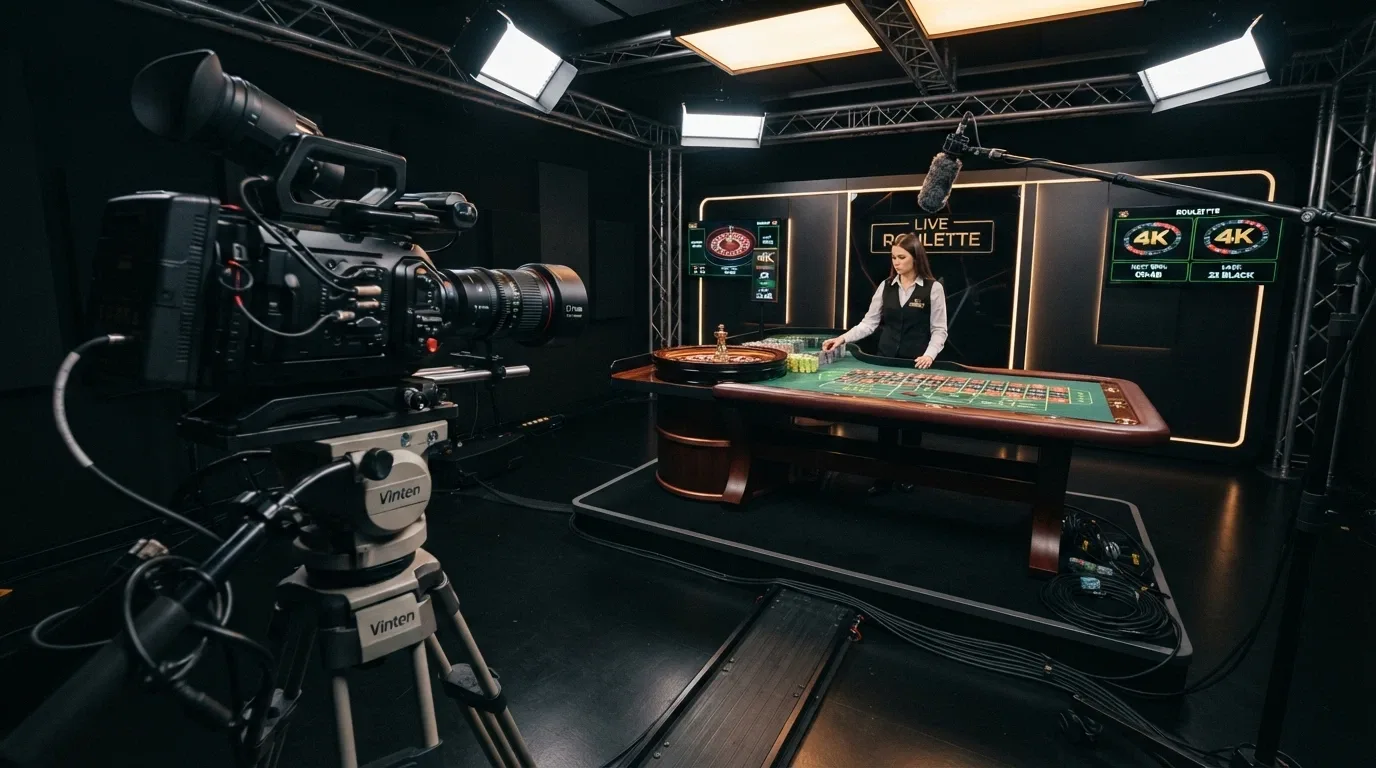 Estudio de casino en vivo de Evolution Gaming con mesa de ruleta y equipo de grabación profesional