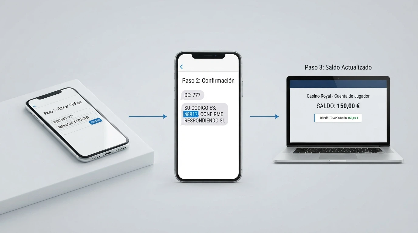 Diagrama con los pasos del depósito por SMS: envío del mensaje, recepción del código de confirmación y validación del cargo en la cuenta de casino