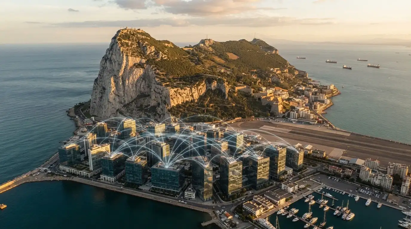 Vista aérea del Peñón de Gibraltar con edificios corporativos y conexiones digitales superpuestas