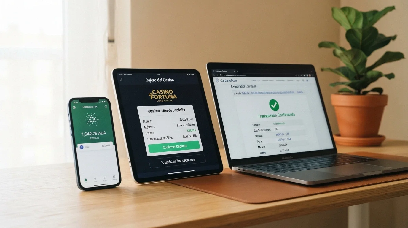 Secuencia visual de tres pantallas: monedero Cardano, pantalla de depósito en el casino y confirmación en blockchain, mostrando el flujo completo