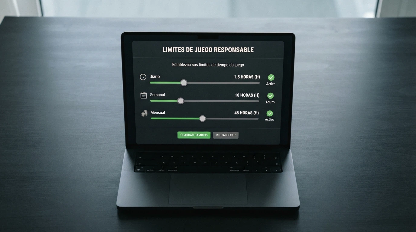 Panel de control de juego responsable en la interfaz de un casino online español, con los deslizadores de límite de depósito diario, semanal y mensual visibles.