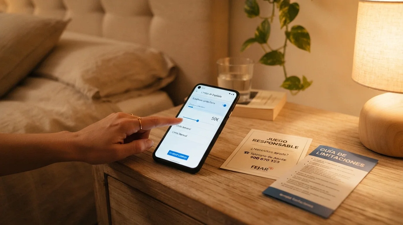 Pantalla de configuración de límites de depósito en un casino online junto al logotipo del RGIAJ y un teléfono móvil con el número 900 200 225